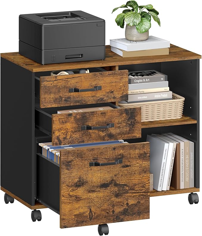 VASAGLE Lateral File Cabinet Home Office Printer Stand 3-Drawer Mobile Filing Cabinet with Open Storage Shelves for A4 Letter-Size Files Industrial Rustic Brown and Black UOFC041B01