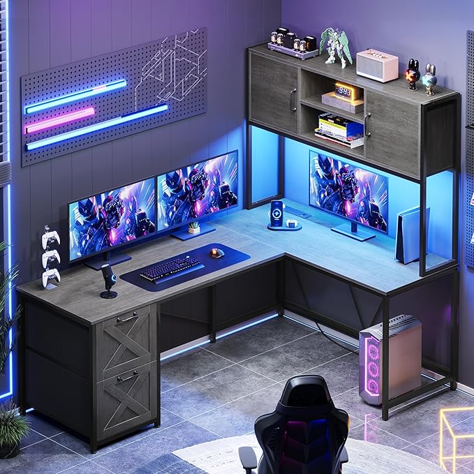 SEDETA L Shaped Gaming Desk Reversible Computer Desk with Fabric Drawers and Power Outlet Gaming Desk with Led Lights Hutch and Storage Shelf for Home Office Grey