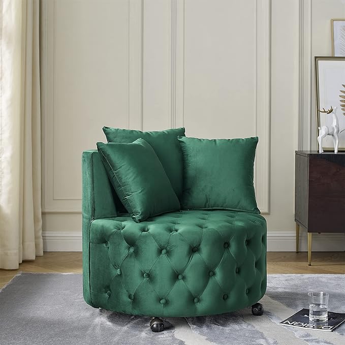 GDFStudio Velvet Swivel Accent Chair with Button Tufted Back Caster Wheels and 3 Matching Pillows Modern Upholstered Armchair for Living Room Home OfficeGreen
