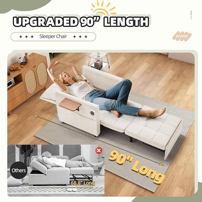 Convertible Sleeper Chair Bed for Adults 90 Extra Long Pull Out Chair Bed w/USB Port Foldable Table &amp Bottom Storage 4 in 1 Single Reclining Sleeper Sofa for Dorm/Bedroom Beige