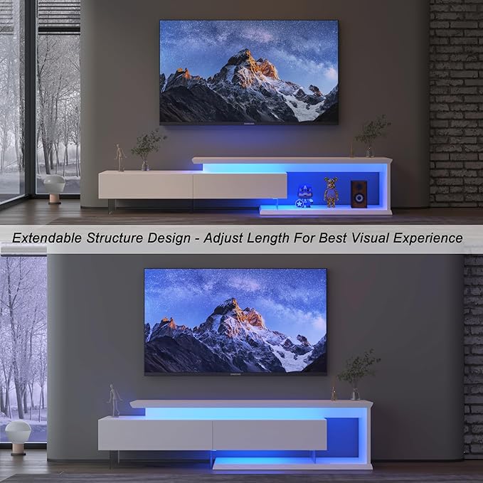 Extendable TV Stand for 65 75 85 Inch TV Relief Surface Entertainment Center with Light String Equipped with Two Pull-Down Door 60 70 80 90 Inch TV Console TV Table for Living Room White