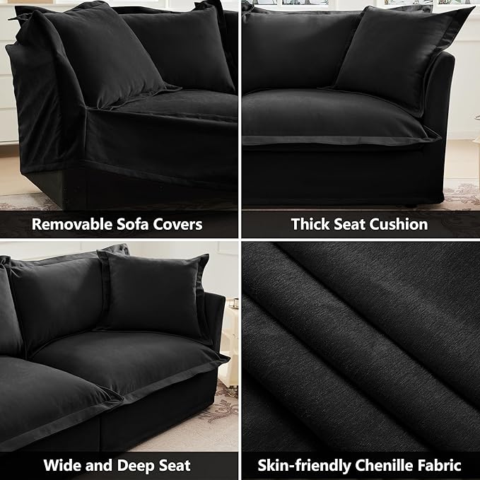 Aoowow Oversized Modular Sectional Sofa Chair Set of 2 49” Chenille Fabric Single Armchair Comfy Deep Seat Couch Sofa with Big Toss Pillows for Living Room Apartment Office(Black-Chenille)