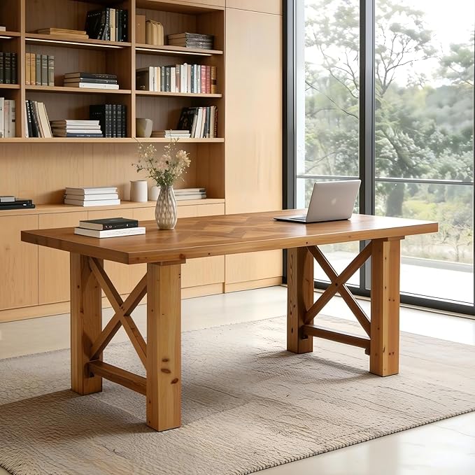 63-Inch Computer Desk Solid Wood Office Desk with Parquet Top and X-Shaped Legs Modern Executive Study Table for Home Office Large Legroom Brown