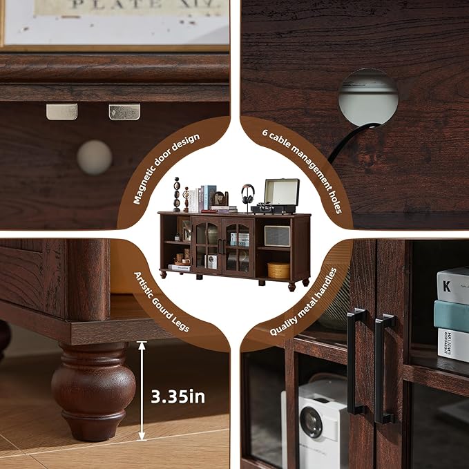 Farmhouse TV Stand for 60 Inch TV Wood Entertainment Center with Adjustable Shelves &amp Glass Door Storage CabinetTelevision Stands for 65 TVSTV Console Table for Living RoomBedroomWalnut