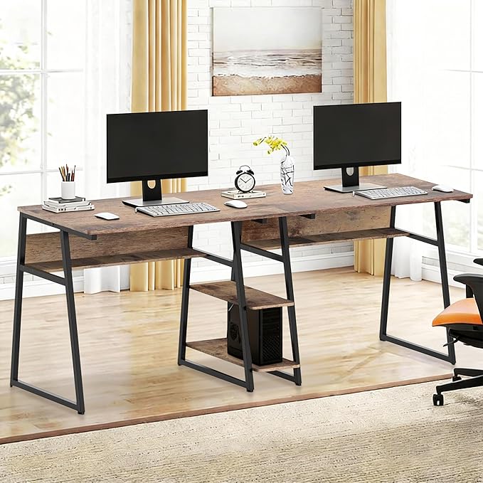J.M.Deco 81'' Two Person Computer Desk with Storage Shelves Extra Long Study Writing Table Workstation for Home Office (Rustic Brown)