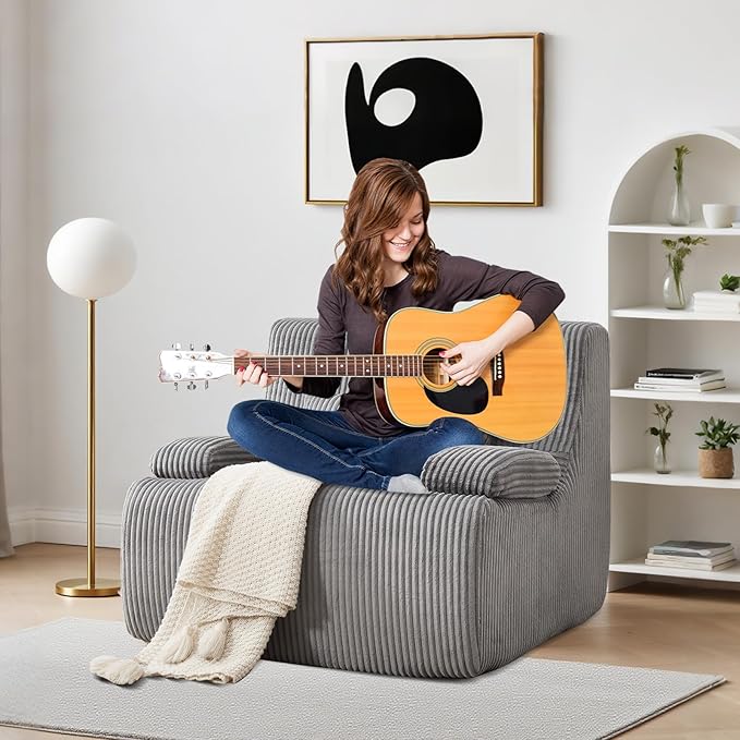 Boneless Chair for Small SpaceCorduroy Cloud Chair Foam Couch with Wide ArmrestFluffy Comfy Reading Single Sofa Chairs for Living Room Bedroom Apartment (Grey)
