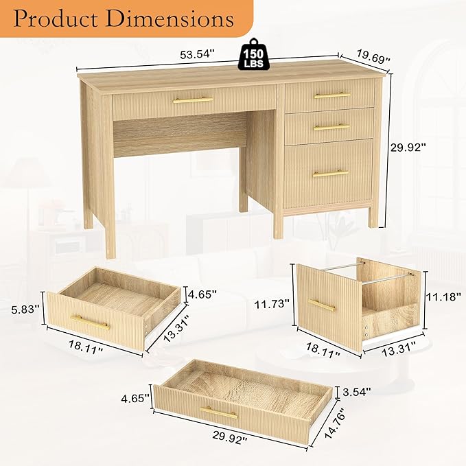 Executive Desk with Drawers: 54 Oak Desk with File Cabinet Home Office Desks with Storage Modern Desks with File Drawer Fluted Wood Computer Table (54) (Oak 54)