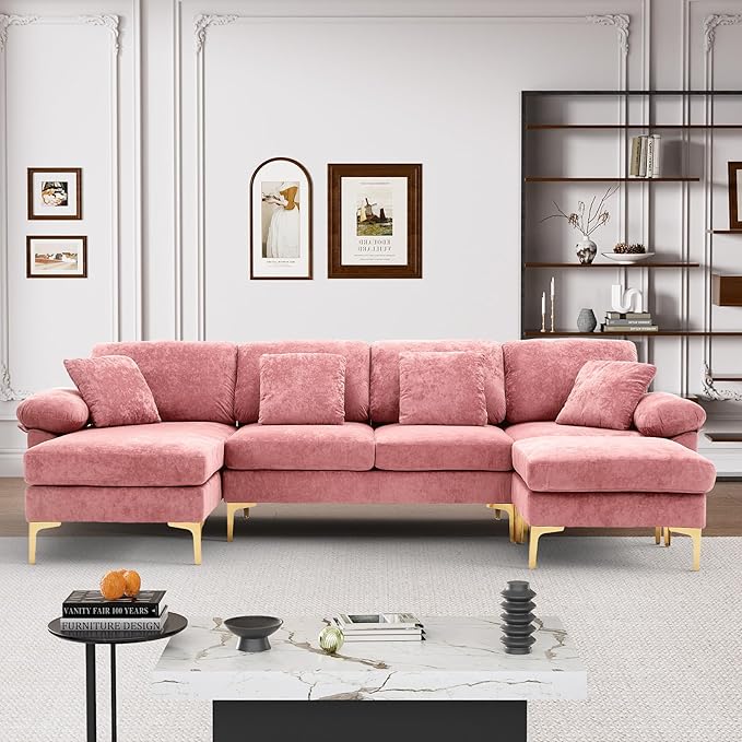 U Shaped Sectional Couch Sofa 114 Convertible L Shaped Sofa with Ottoman &amp Chaise Lounge Modern Oversized Modular 4 Seat Sleeper Sofa Set for Living Room Office Pink Velvet