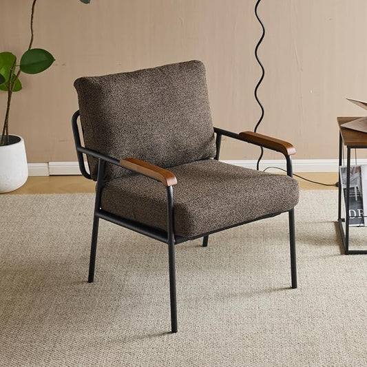 Karl home Accent Chair Modern Armchair with Metal Frame Linen Fabric Upholstory Living Room Chair Mid-Century Reading Chair with Wooden Arms for Living Room Bedroom Reading Room Apartment Brown