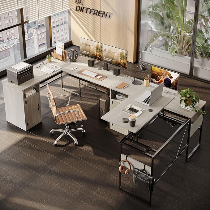 Bestier Versatile 60 Inch L-Shaped Standing Desk Lift Top Corner Desk Extending to 95 Inches with Storage Cabinet and Hooks for Home Office Washed White