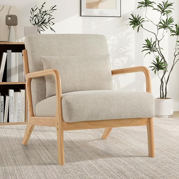 Accent Chair with Pillow Upholstered Mid Century Chair Living Room Chair with Solid Wood Frame Comfy Reading Chair with Thick Cushion Armchair for Small Space Bedroom Balcony Grey 1PC