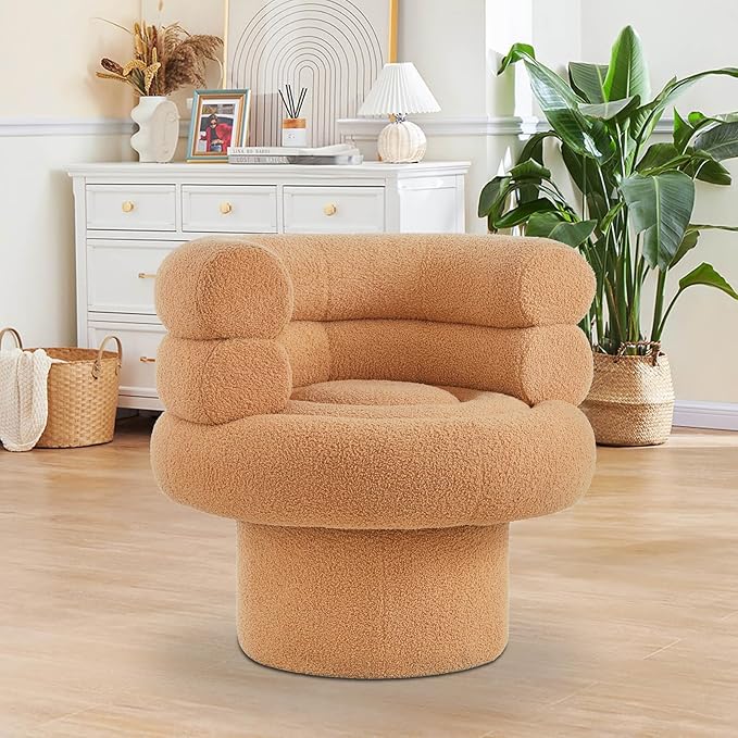 360° Swivel Accent Chair - Cozy Sherpa Fabric Ergonomic Barrel Design Stylish and Comfortable for Living Room Bedroom or Office (Camel-Sherpa)