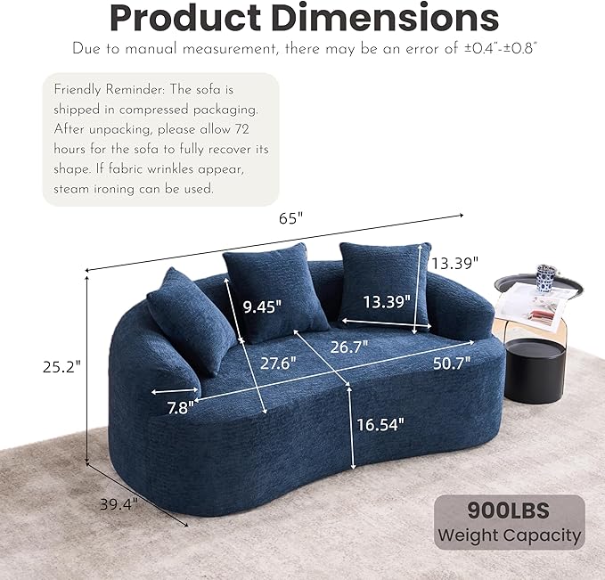 65 Curved LoveseatDeep Seat Cloud Floor Couch with 3 BackrestCozy Chenille FabricSmall Loveseat for Small SpacesBedroomOfficeApartment (Blue 65 Inch)