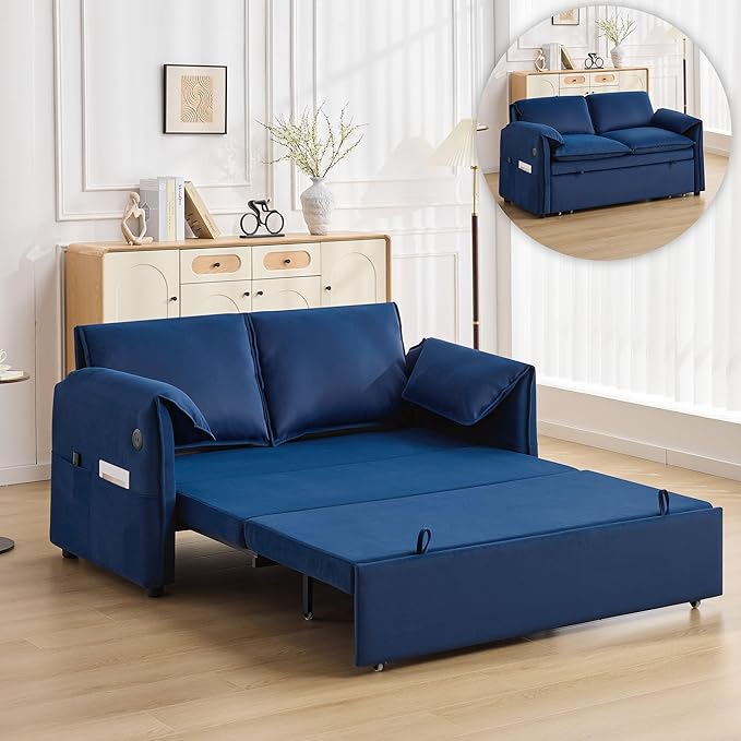 63 Velvet Pull Out Sofa Bed 3-in-1 Convertible Futon Loveseat Queen Sleeper Sofa Couch Bed with Adjustable Backrest USB Ports &amp Side Pockets Modern Sofas for Living Room Apartment Blue