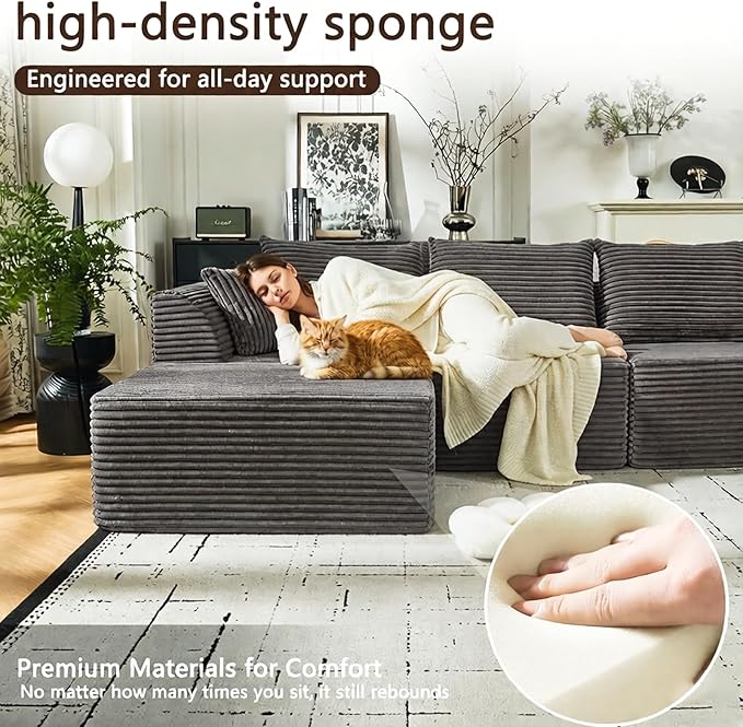 U Shaped Modular Sectional Couches for Living Room 130 Cloud Modular Sectional Sofa Chaise Fluffy Corduroy Couch with Deep Seat for Bedroom No Assembly RequiredBlack