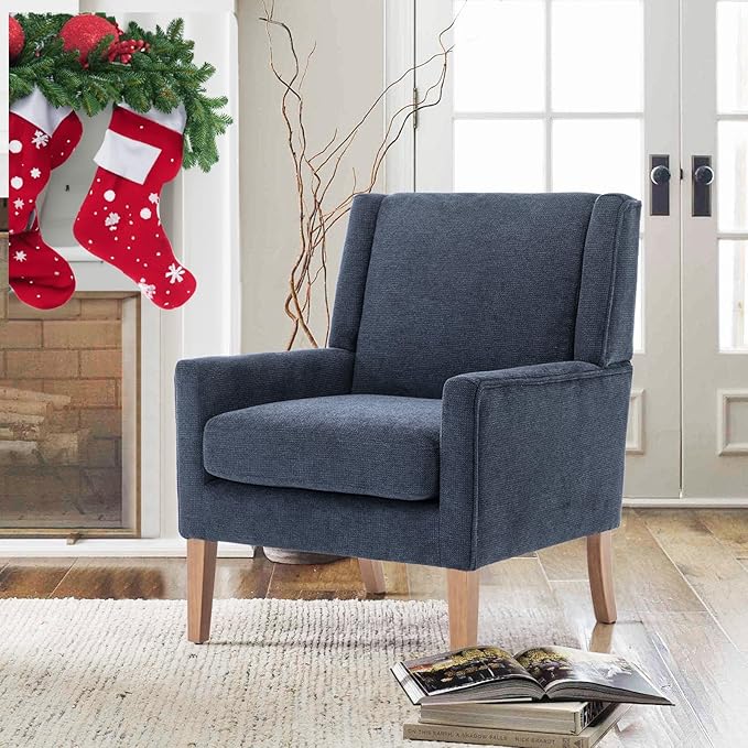 COLAMY Modern Wingback Living Room Chair Upholstered Fabric Accent Armchair Single Sofa Chair with Lounge Seat and Wood Legs for Bedroom/Office/Reading Spaces Blue