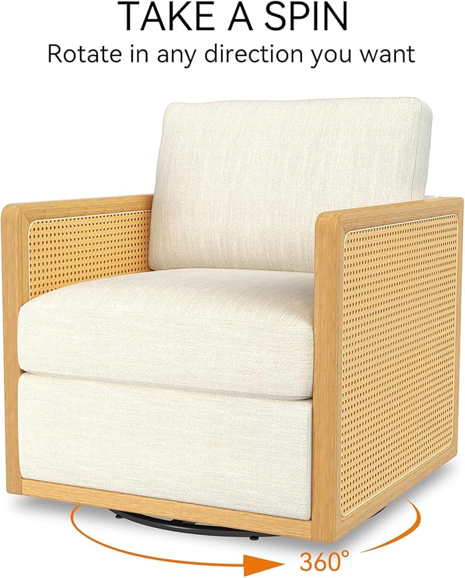 Swivel Barrel Chair Premium Rattan Comfy Round Accent Chair for Living Room Mid Century Modern Reading Chair for Adults Bedroom Side Chairs for Small Spaces Armchair for Home/Office/Cream Linen
