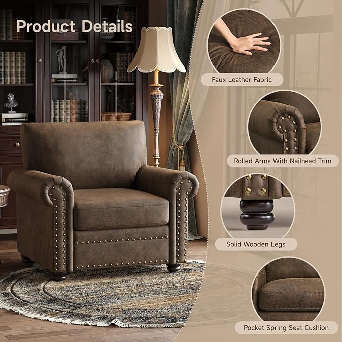 ONBRILL Nailhead Trim Accent Chair Faux Leather Club Chair for Living Room Comfy Armchair with Springs Cushions &amp Solid Wood Legs Traditional Rolled Arms Single Sofa for Bedroom Apartment Bro