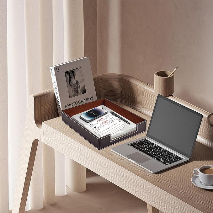 Leather Letter Tray Office Supplies Desk Organizer for Mail Paper Files Magazines Jewelry CosmeticsLuxury Letter Holder&ampMultipurpos Stackable Office Desktop Storage BoxCoffee