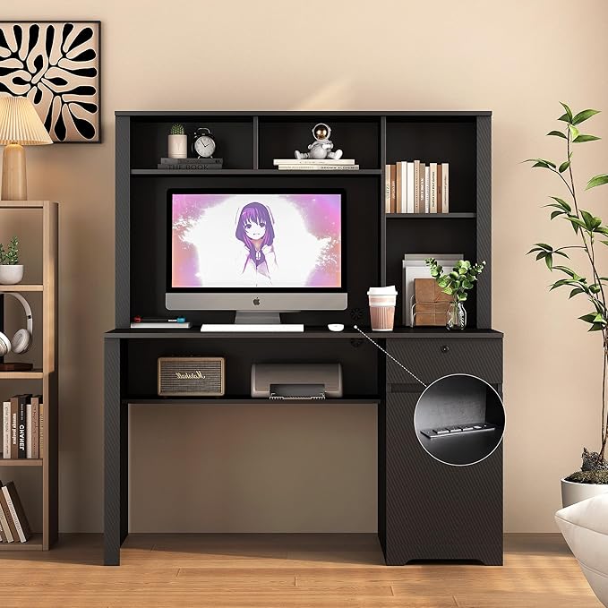 Computer Desk with Hutch and Drawers 50 Office Desk with Storage Shelves and Printer Stand Gaming Desk with Power Outlets &amp USB Charging Ports Sturdy Writing Workstation for Home (Black 51)