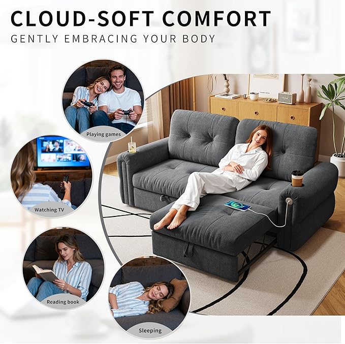 77 Pull Out Sofa Bed Velvet Convertible Sleeper Couch Loveseat Chaise Lounge with Cup Holder and USB Pullout Futon Sofa Bed for Living Room Bedroom Small Spaces RV (Dark Grey)