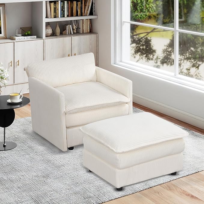 KOMFOTT Oversized Accent Chair with Ottoman Comfy Corduroy Single Sofa Couch w/Soft Cushions &amp Deep Seat Large Upholstered Armchair Reading Chair for Living Room Bedroom Apartment (Beige)