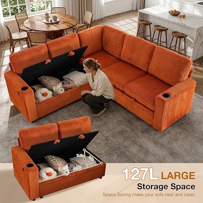 83 Sleeper Couch with Pull Out Sofa Bed 5-Seater Sectional Couches for Living Room L-Shaped Couch with Storage USB Port &amp Cup Holder Corduroy Convertible Corner Sofa for Apartment