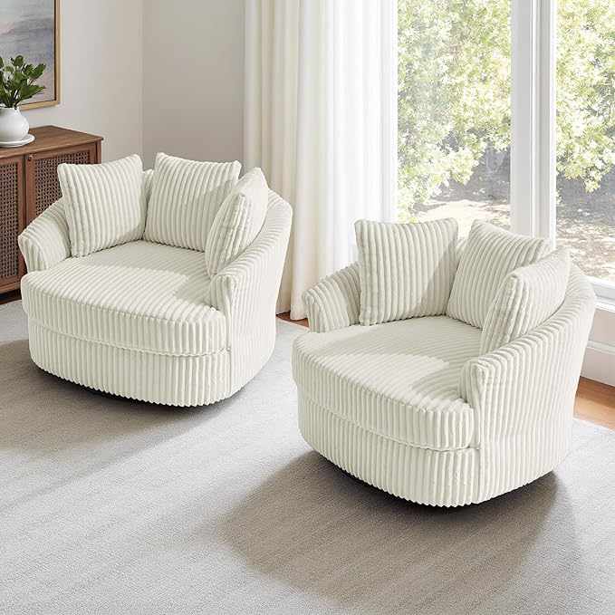 Oversized Round Swivel Barrel Accent Chair with Pillows Comfy Modern Chaise Lounge Sofa Indoor for Living Room Bedroom (Beige Set of 1)