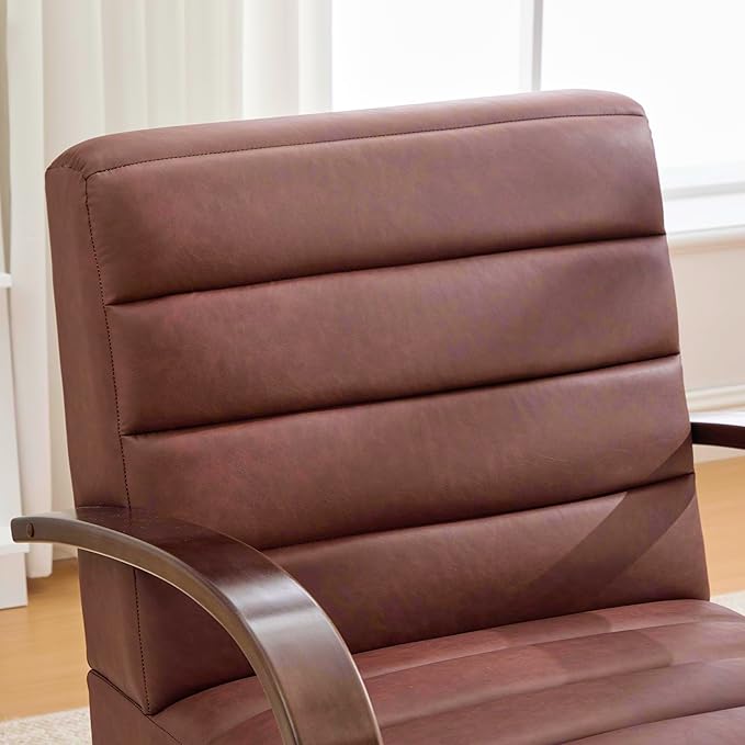 30.3 W Swivel Accent Chair with Solid Wood Armrests Modern Upholstered Armchair with Metal Base 360 Degree Comfy Lounge Reading Chair for Living Room Bedroom or Office (Brown+PU.)