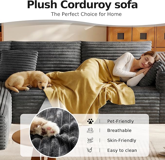 108.2 Modular Sectional Sofa with Deep Seat Boneless L Shaped Corduroy Couch Modern Comfort Cloud Couch Oversized for Living Room No Assembly (Left Facing Chaise Gray)