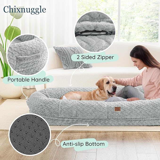 Human Dog Bed for Adult - Luxury Faux Fur Giant Size Dog Bed with Portable Handle Egg Orthopedic Foam with Blanket 72x40x10 Light Grey