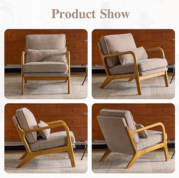 Karl home Mid Century Modern Accent Chair with Lumbar Pillow &amp Oak Arms – Plush Chenille Living Room Chair for Bedroom Lounge (Khaki)