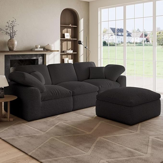 Cloud Sectional Couches for Living Room L Shaped Modular Sectional Sofa with Ottoman Convertible Corduroy Couch for Apartment 4 Seater Boneless Comfy Cloud Sofa No-Assembly Grey