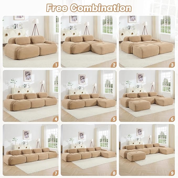 116 Modern Compressed Boneless Couch with Ottoman 3 Seater Large U Shaped Sectional Couches for Living Room Camel Corduroy Cloud Modular Sectional Sofa Memory Foam Extra Deep No Assembly