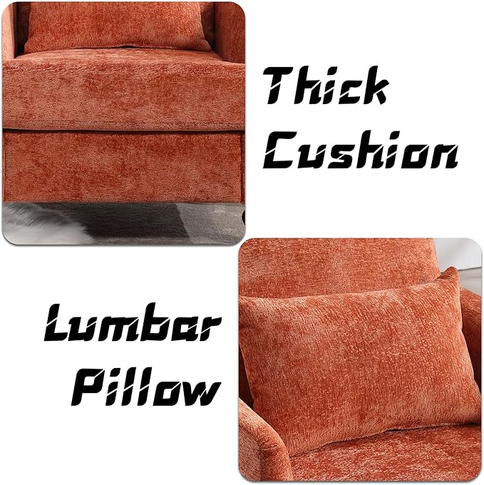 Oversized Accent Chair with Lumbar Pillow Upholstered Side Chairs for Living Room Bedroom Comfy Reading Chairs for Adults with Wide Seat Thick Cushion Soft Chenille (Dark Orange)