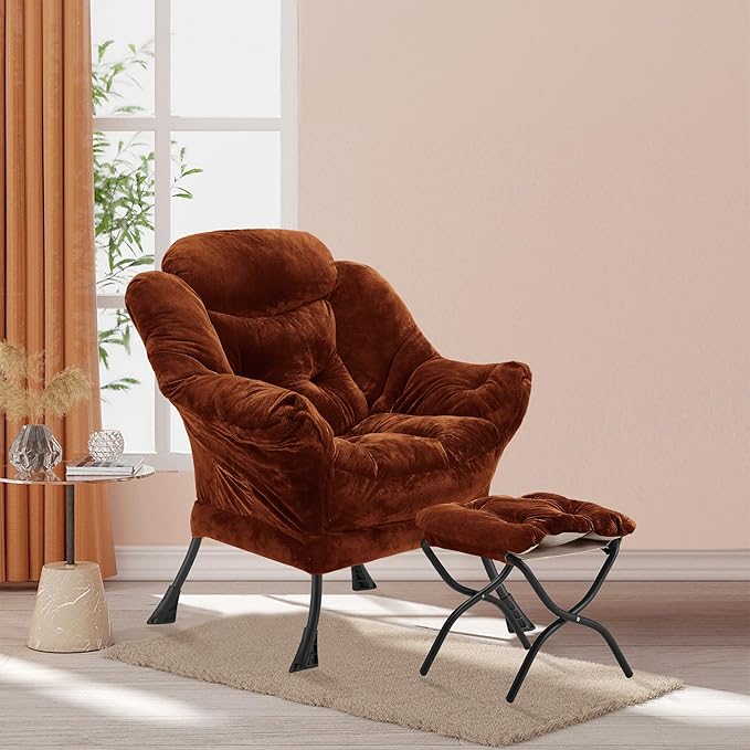 Lazy Chair with Folding Ottoman Accent Chair Plush Upholstered with Metal Structure and Non-Slip Pads Sofa Armchair with Footrest and Side Storage Bag for Dorm Room Office Brown