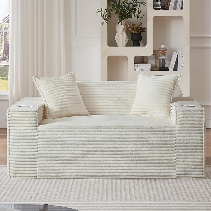 Boneless Sofa Couches with Cup Holder for Compact Living Rooms Apartments (Beige White Loveseat + 3 Seat Sofa) | No Assembly Required 2-Seater Sofa mini couch cup holder boneless loveseat side