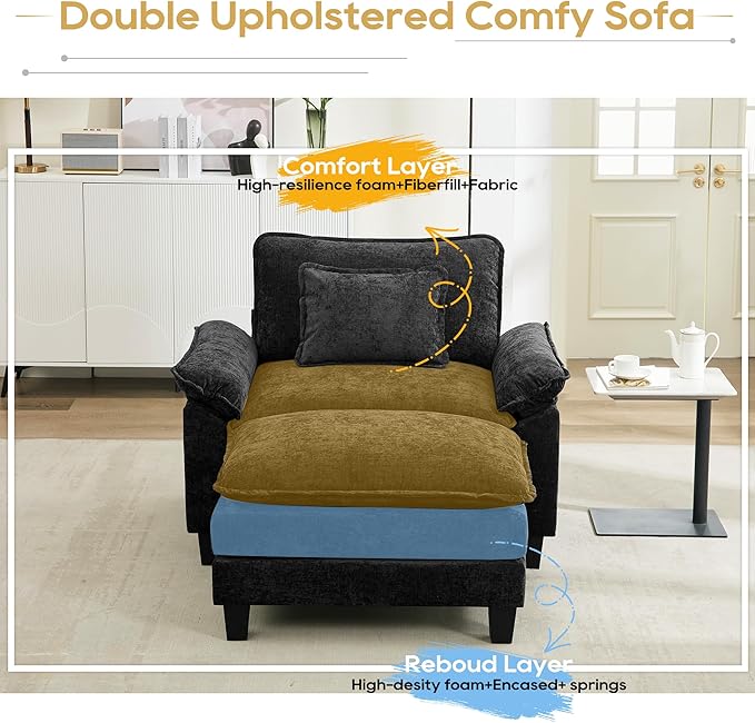 URRED Modular Sectional Sofa Comfy Cloud Couch Modern Chenille Sofa Sleeper Deep Seat Couches with Ottoman/Pillows for Living Room (Black 53''- Ottoman)