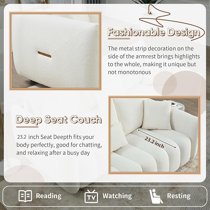 Antetek Set of 3 Teddy Sofa for Living Room Modern 2 Units Deep Seat Sofa Chairs and an Oversized 3-Seater Cloud Boucle Couch for Bedroom Office Apartment Furniture Set Beige (3 Pieces)