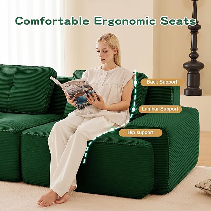 80.3” Green Boneless Couches for Living Room Modular Sectional Sofa with L-Shape Chaise 2 Seater Comfy Upholstered Loveseat Deep Seat Corduroy Fabric Cloud Couch No Assembly Anti-Slip Design