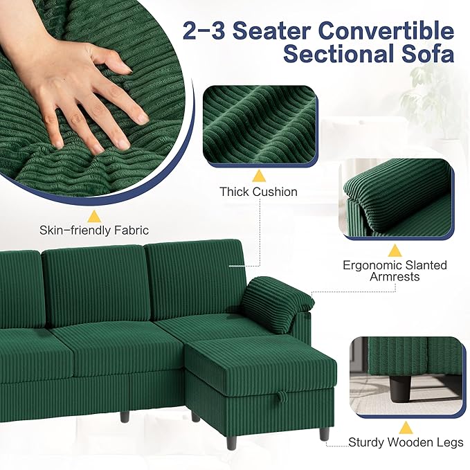 Walsunny 79 Convertible Sectional Sofa Reversible Modern L Shaped 3 Seat Modular Sofa Couch with Pillows and Storage Ottoman for Living Room（Green）