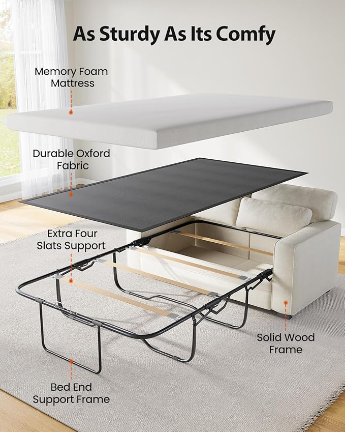 Marsail Pull Out Sofa Bed Full Size Sleeper Sofa with Memory Foam Mattress 2 USB Charging and Removable Covers Loveseat for Living Room Apartment Supports 600 LBS Chenille Fabric White