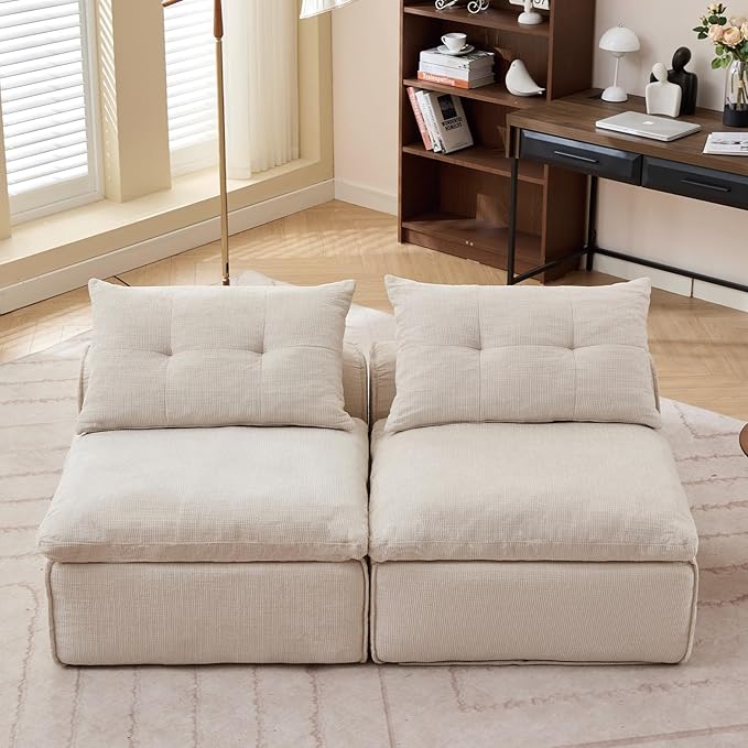 2 Seats Modular Sectional Couches with Neck Pillow &amp Backrest Chenille Armless Upholstered Loveseat Sofa Chair for Living Room Apartment At Will DIY (Beige)
