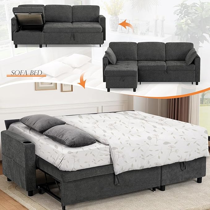 84 Fabric Sleeper Sofa Bed w/Adjustable Backrests L-Shaped Sectional Sofa Bed w/USB Port &amp Thickened Cushions Convertible Pull Out Couch Bed w/Storage Bags for Living Room Grey