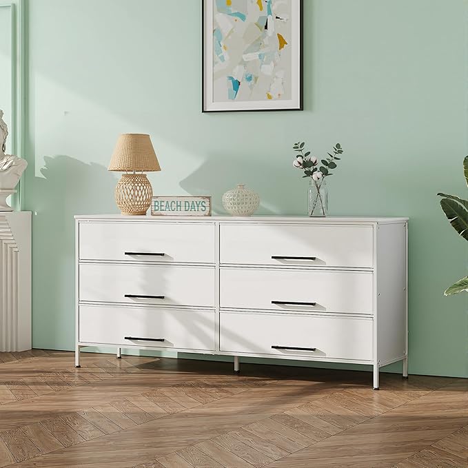 White TV Stand for 60 65 70 inch TV Entertainment Center with 8 Drawer TV Media Console Table with Wood Top Adjustable Feet for Living Room Hallway