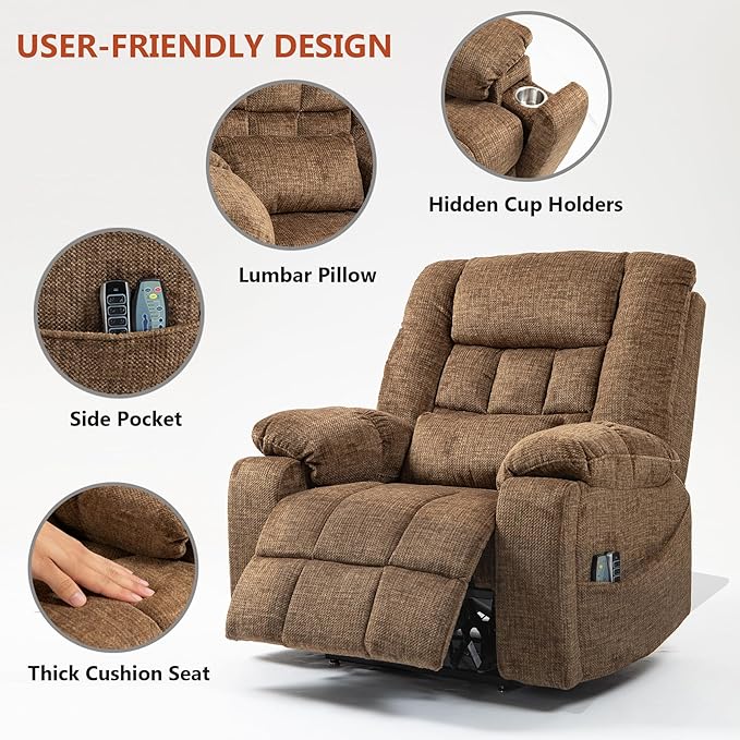 4 Motor Power Lift Recliner Chair for Elderly Oversized Lay Flat Recliner with Massage Heat Adjustable Headrest Hidden Cup Holders Zero Gravity Big and Tall Recliners Caramel