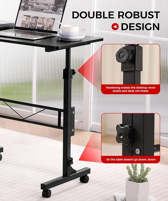 Standing Desk Adjustable Height Mobile Stand Up Desks with Wheels Small Computer Desk Rolling Desk Portable Laptop Desk Black Standing Table Sit Stand Home Office Desks 16x31.5 Height 27-43.5