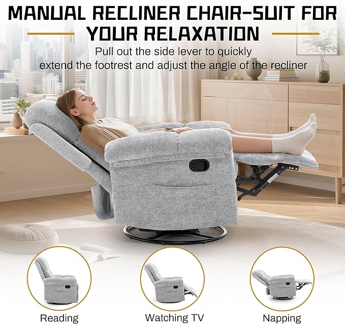 Recliner Chair Swivel Rocker Recliner Chair for Adults Small Recliners for Small Spaces Manual Recliner Chair with Side Pockets Nursery Rocking Chair for Living Room Chenille Silver Grey