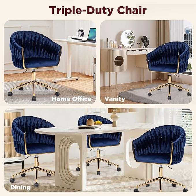 Velvet Office Chair with Back Vanity Chairs with Wheels 360° Swivel Velvet Home Office Desk Chair Accent Chair Makeup Vanity Chair for Bedroom Living Room(Blue)