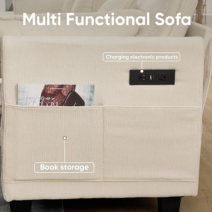 108 L Shaped Modular Sectional Cloud Couch with Ottoman 3 Seats Modern Sofas with Charger USB &amp Type-c Port with Deep Seat for Living Room Bedroom and Apartment White